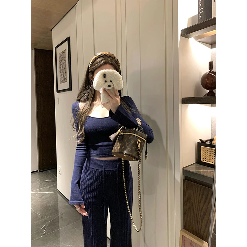 2025春季新款轻熟风辣妹修身短款休闲长袖上衣高腰百搭直筒阔腿裤