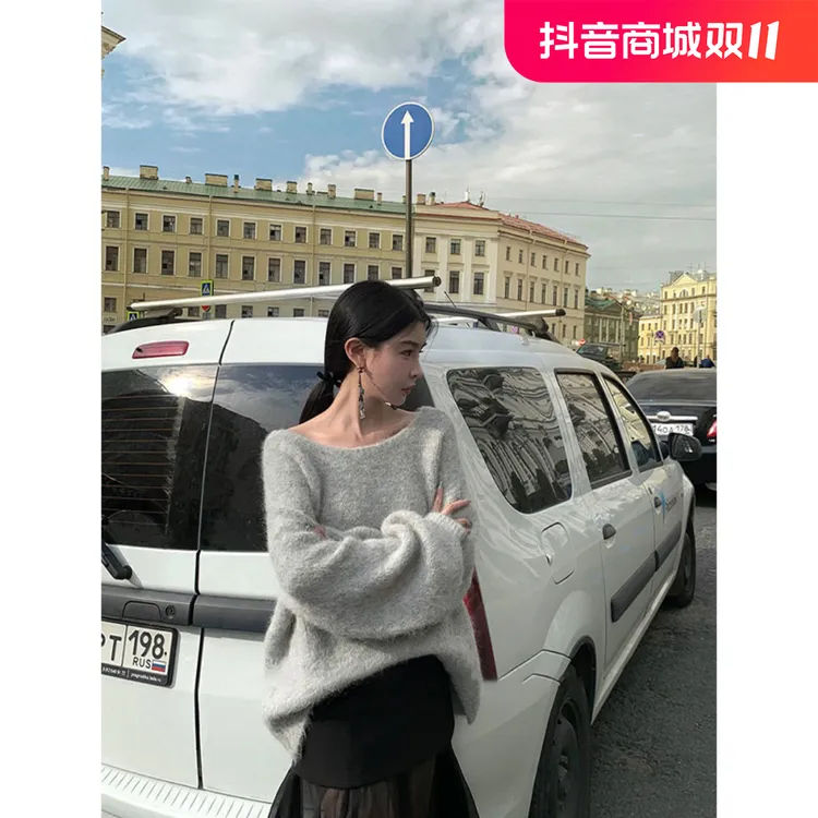 2024秋季新款韩系慵懒风时尚宽松针织毛衣圆领蝴蝶结露背长袖上衣