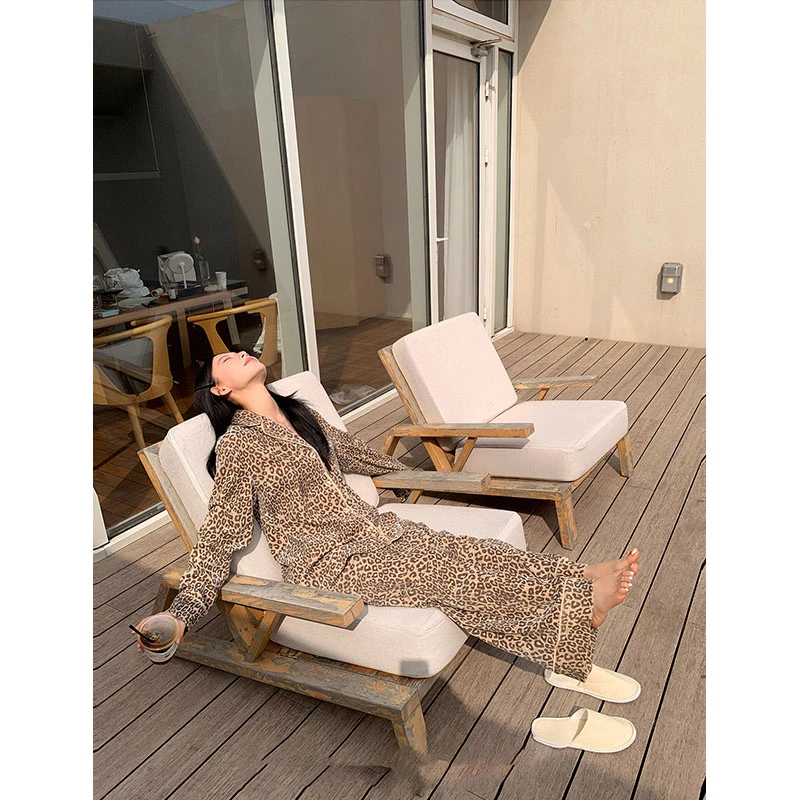 秋冬新款老钱风豹纹美式复古宽松长袖上衣高腰显瘦直筒长裤两件套