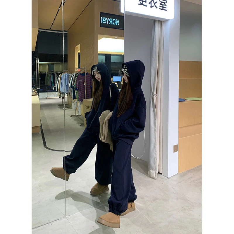 秋冬韩系ins百搭宽松加绒长袖连帽卫衣高腰宽松直筒卫裤两件套女