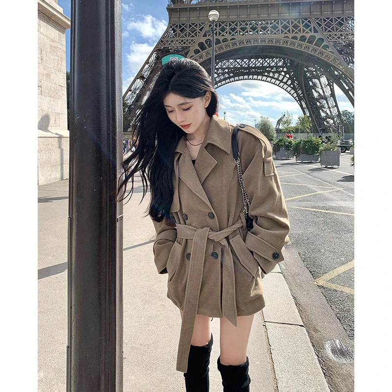 2024秋冬新款韩系气质垂坠感双排扣复古温柔外套宽松显瘦长袖风衣