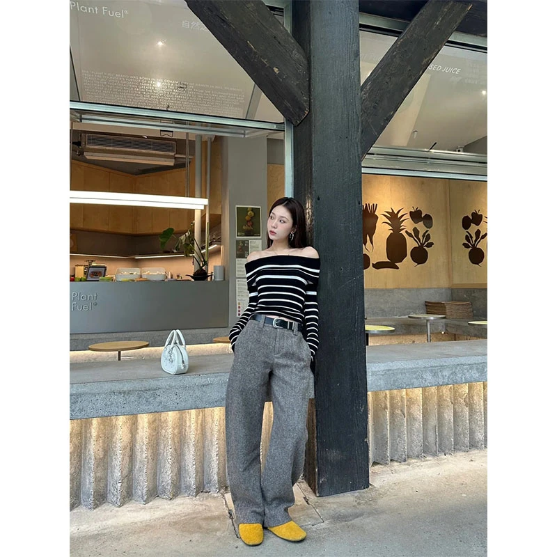 2025秋季新款简约高级感撞色条纹长袖针织上衣高腰显瘦休闲阔腿裤