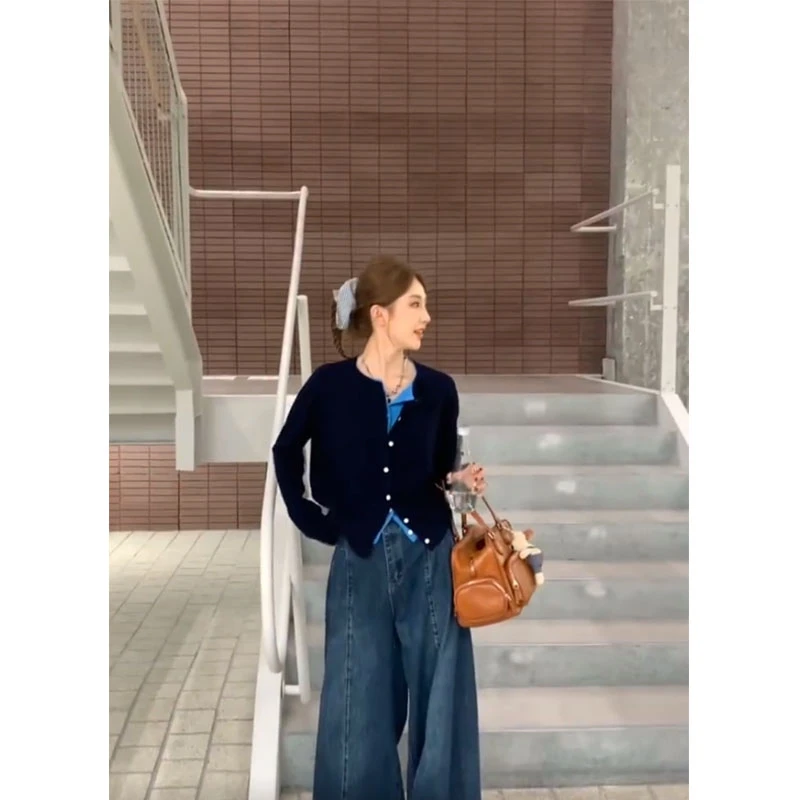 2024秋季新款韩系高级感假两件长袖针织开衫百搭直筒宽松牛仔裤女