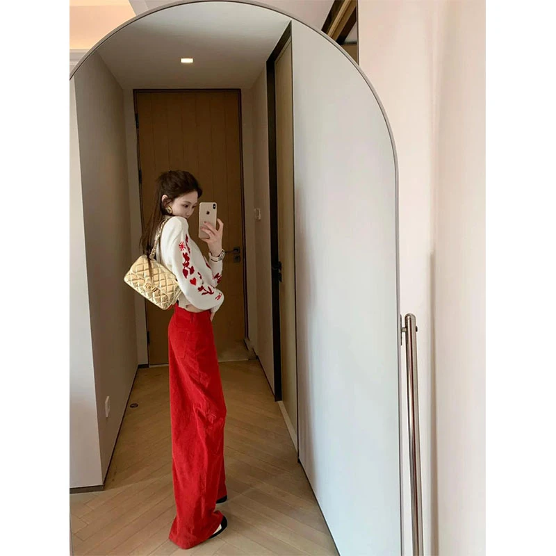 秋季新款圣诞系列红色温柔系短款长袖针织毛衣高腰显瘦直筒阔腿裤