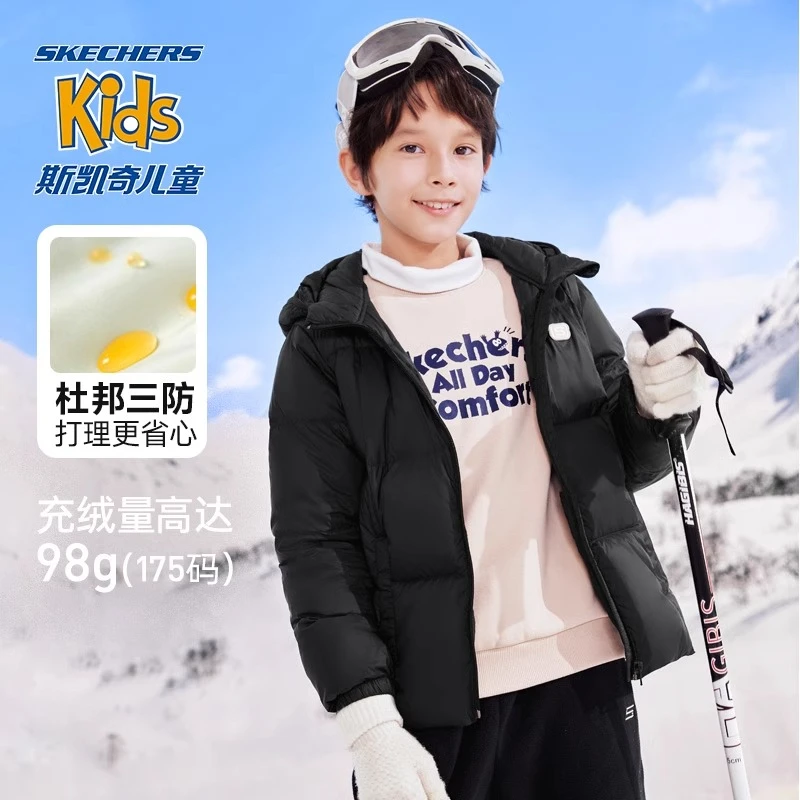 Skechers斯凯奇儿童羽绒服三防秋冬季新款男女童轻薄保暖连帽外套