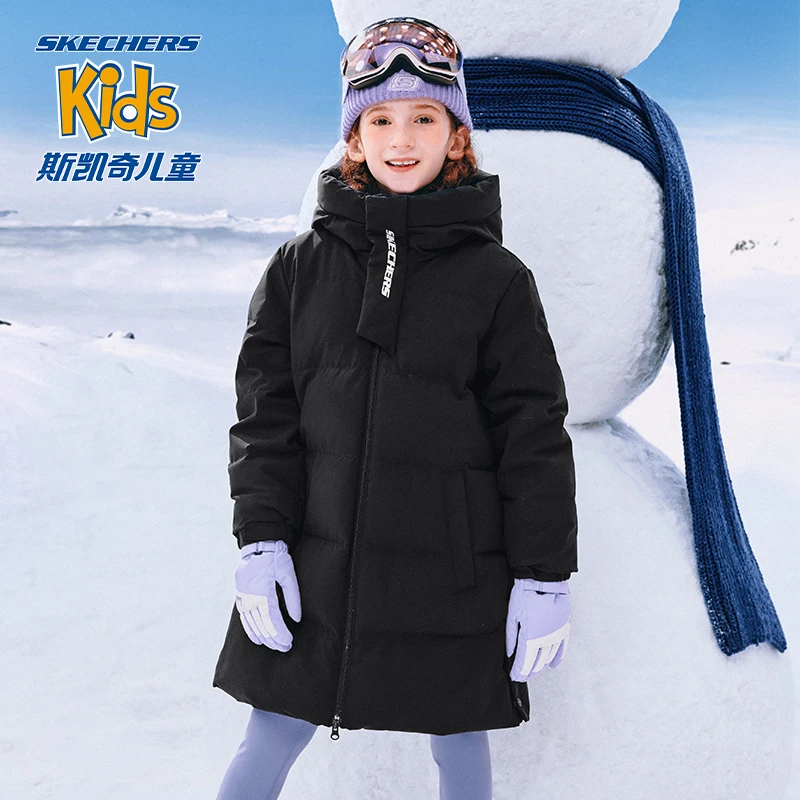 skeshers斯凯奇男女童新款加厚羽绒服中大童长款连帽冬季儿童外套