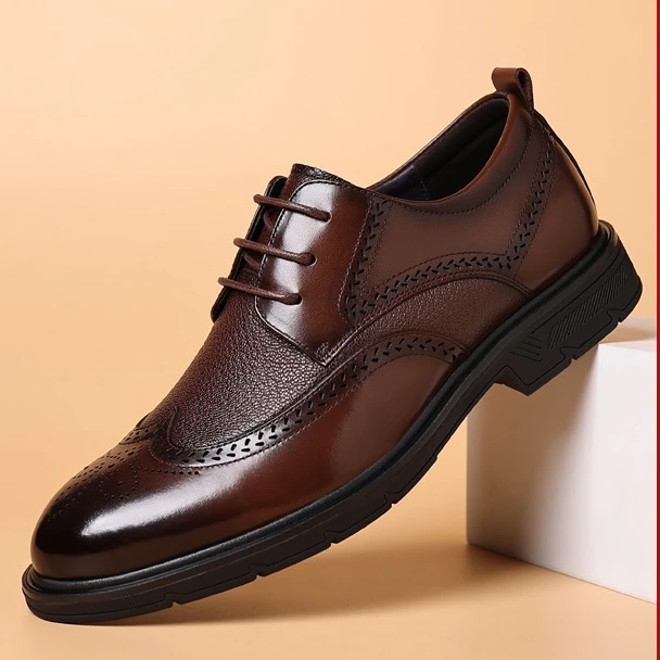 头层牛皮高档商务休闲皮鞋男士透气布洛克雕花男款上班通勤新郎鞋