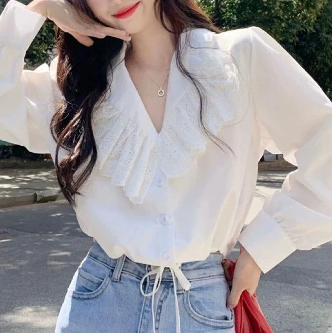 99170（mosu.新款）韩版西装领荷叶边刺绣设计感气质长袖衬衫