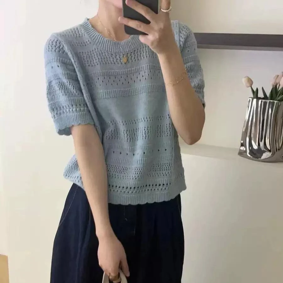 80102（mosu.新款）韩系设计感花边领镂空慵懒风宽松百搭上衣