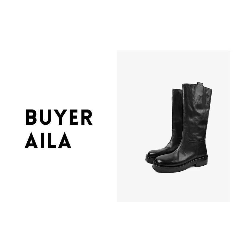 油蜡光感褶皱水洗马皮安特卫普骑士靴不过膝一脚蹬中长靴