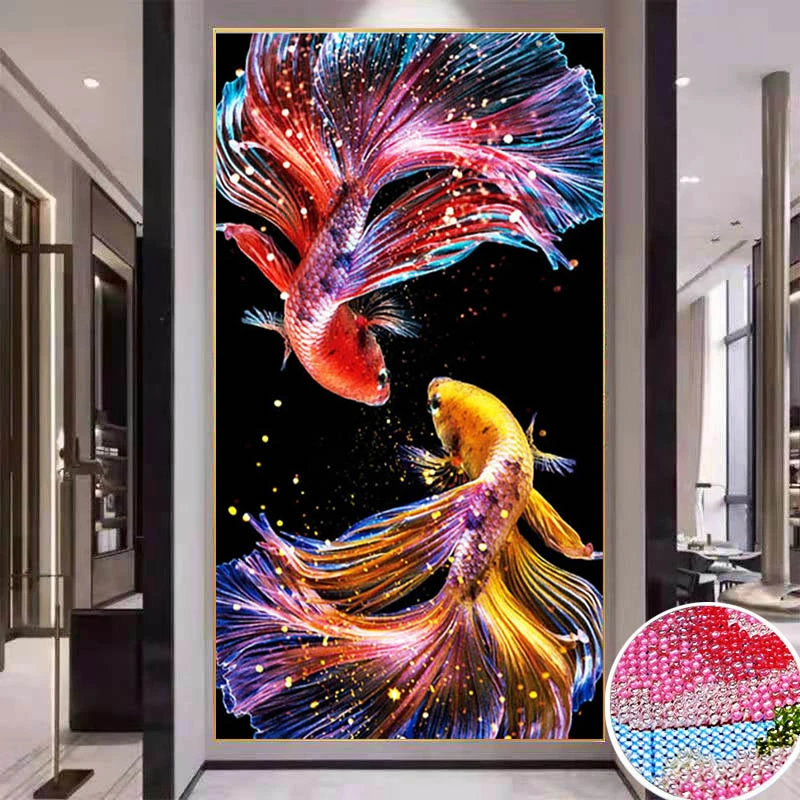 【炫彩玻璃珠绣】招财锦鲤十字绣新款客厅竖版玄关十字绣满珠彩珠绣