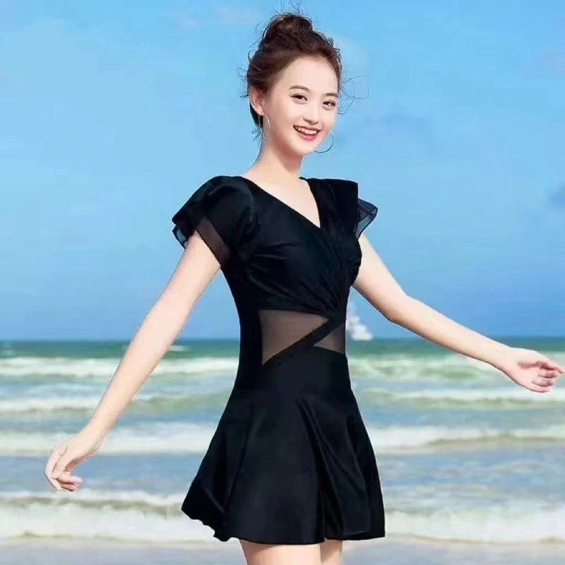 连体平角裙式泳衣女遮肚显瘦游泳游泳衣保守纯色加大码性感泳衣