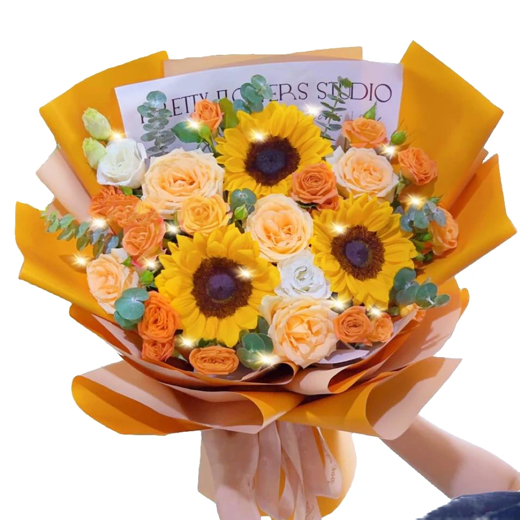 同城配送【向日葵】3向日葵5香槟玫瑰花束