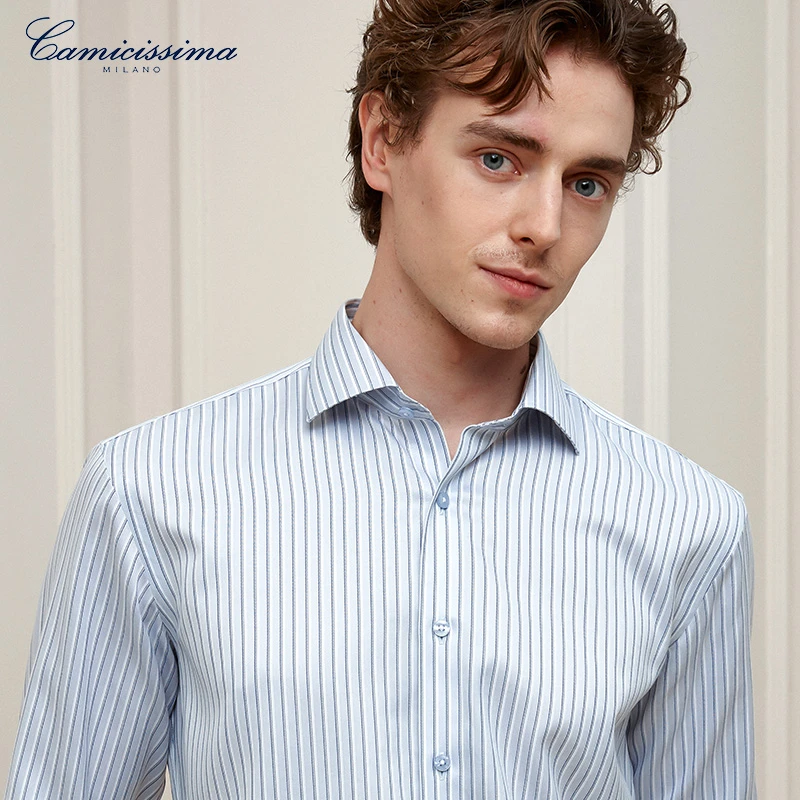 【易去污】恺米切抗菌免烫男士衬衫 浅灰条纹轻奢商务休闲温莎领