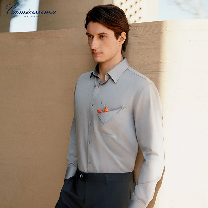 【马兰戈尼学院联名】恺米切免烫衬衫静谧灰胸前口袋设计常规版