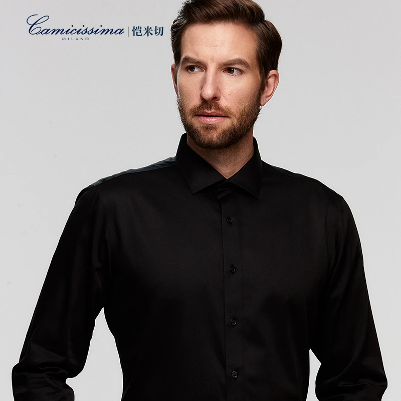 【抗菌免烫】恺米切男士黑色纯色商务休闲型男经典衬衫修身