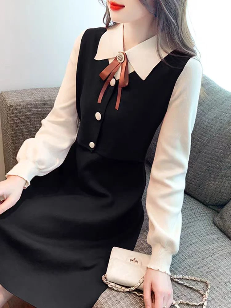 [米诗]法式小个子时尚洋气连衣裙减龄遮肚针织裙#80777