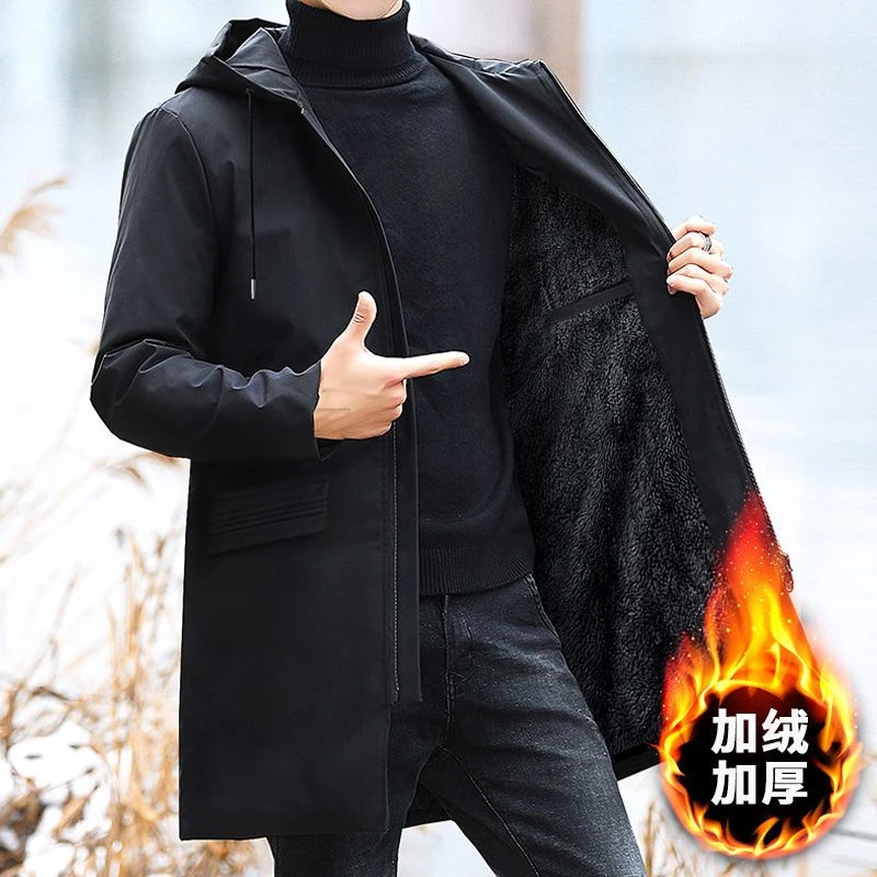 男装加绒外套男宽松大码风衣中长款加厚上衣秋冬季夹克加肥加大