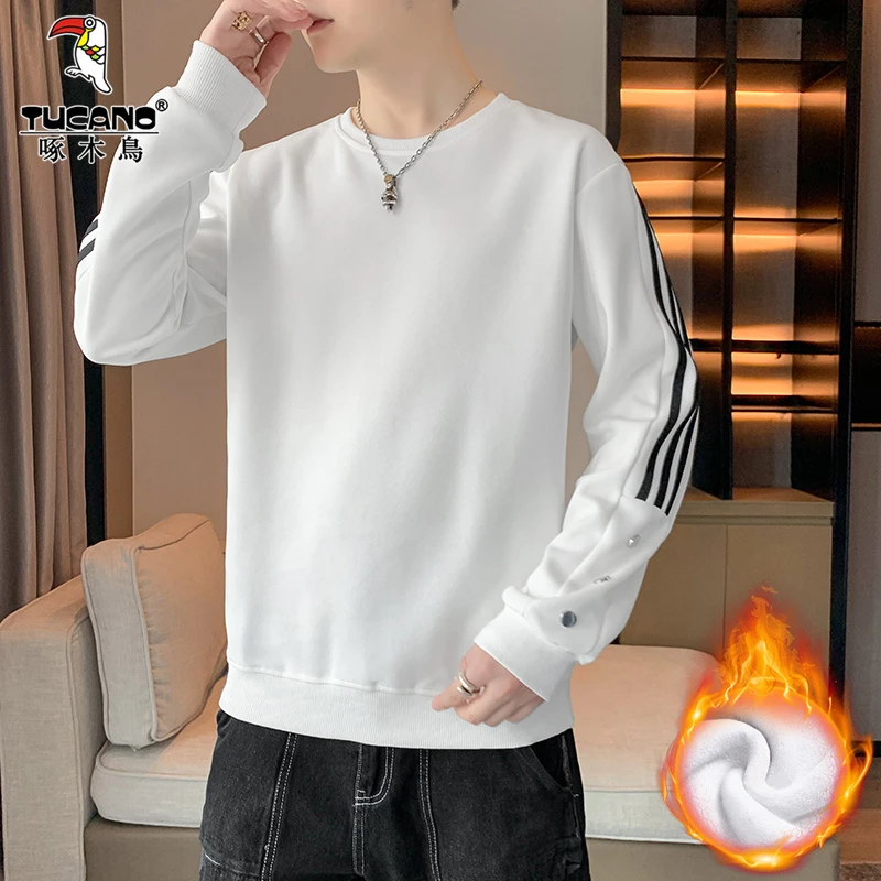 啄木鸟秋冬男士打底衫大码长袖百搭宽松卫衣加绒潮流保暖圆领上衣