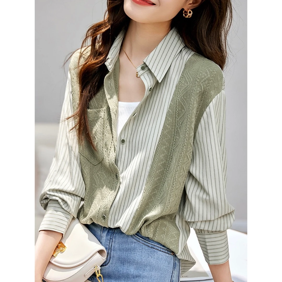 9186针织条纹拼接衬衫2025春高级感宽松休闲显瘦通勤小衫上衣