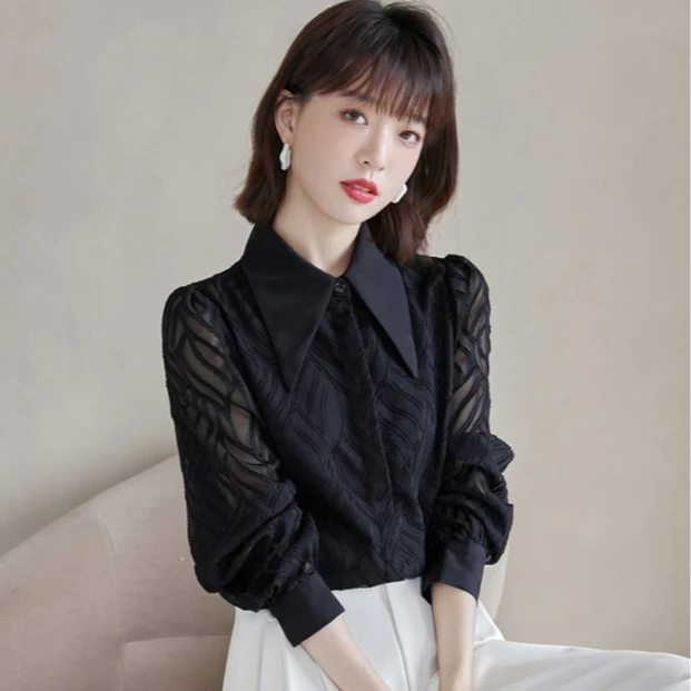 8921黑色Polo领衬衫女春季2024春季新款复古法式长袖早春上衣