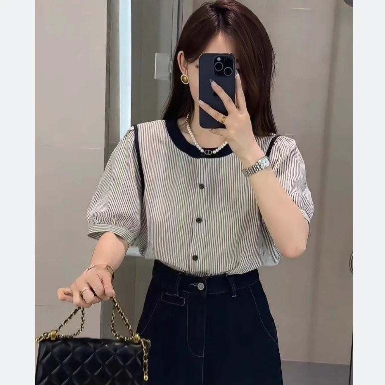 9147圆领拼色短袖条纹衬衫女2024夏季新款宽松显瘦休闲泡泡袖小衫