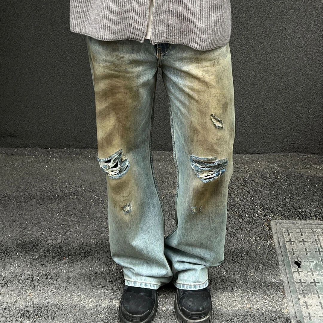 UTIMUS24SS破洞脏牛2021m刀割vintage直筒阔腿微喇泥染美式牛仔裤