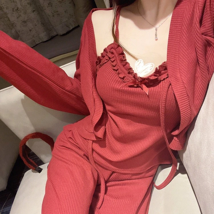 秋冬新款带胸垫睡衣女性感纯欲风莫代尔棉本命年红色三件套家居服