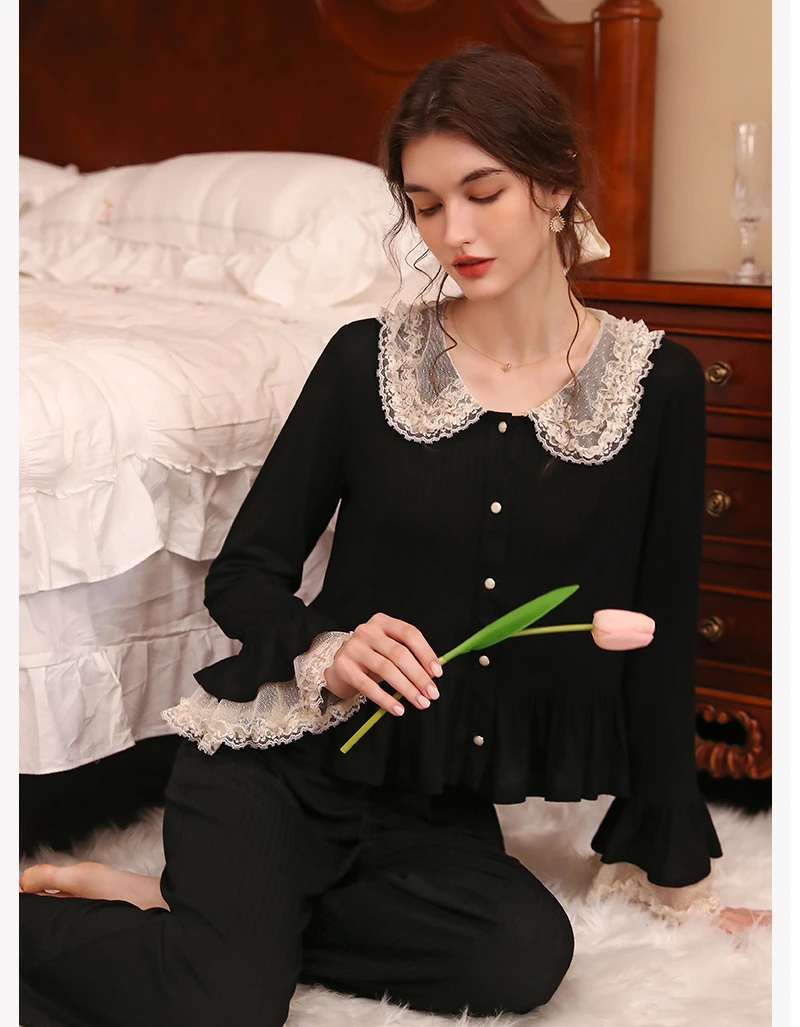 春秋新款睡衣女莫代尔棉法式甜美公主风蕾丝花边宫廷风显瘦家居服