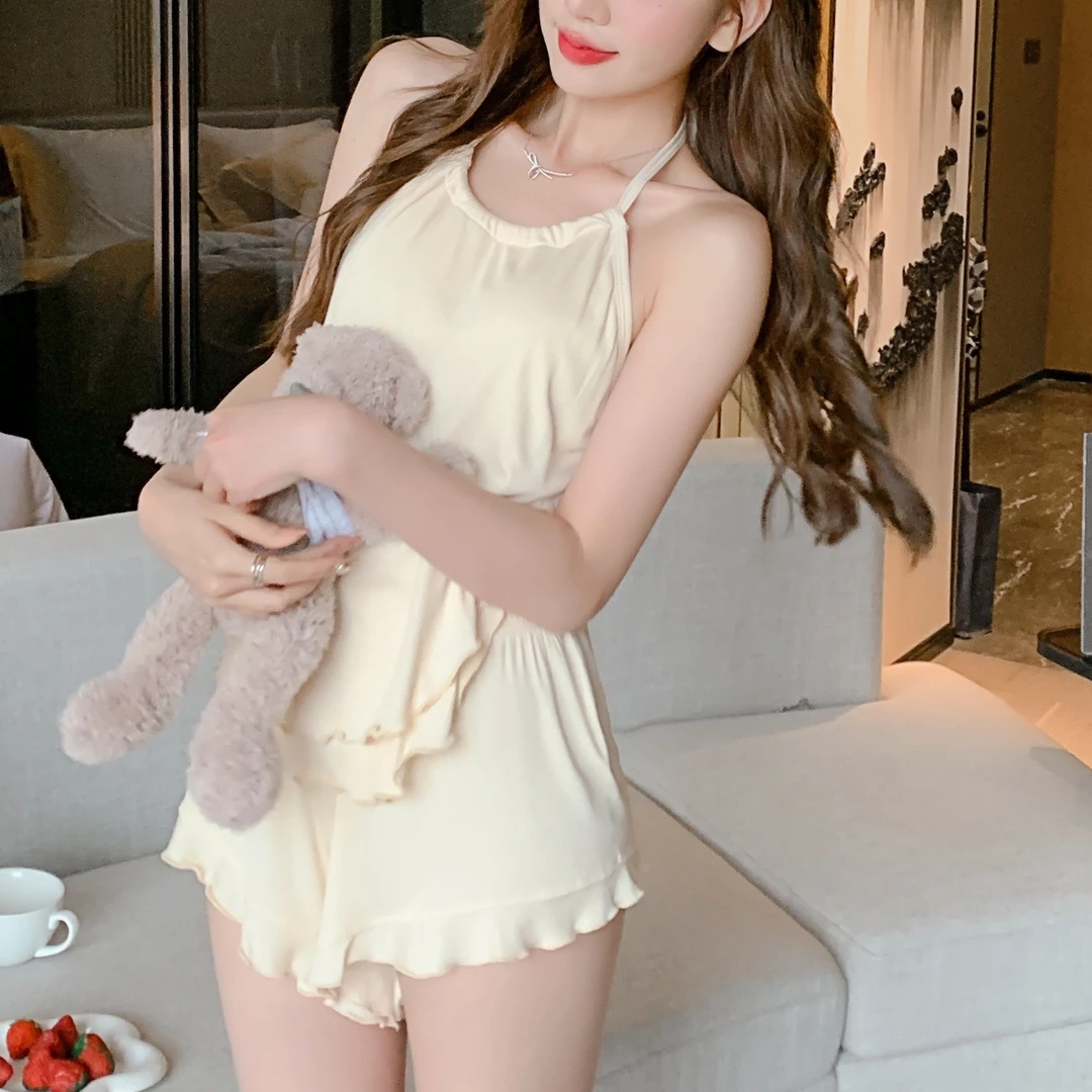 莫代尔吊带睡衣女挂脖肚兜性感纯欲风辣妹夏季新款家居服两件套