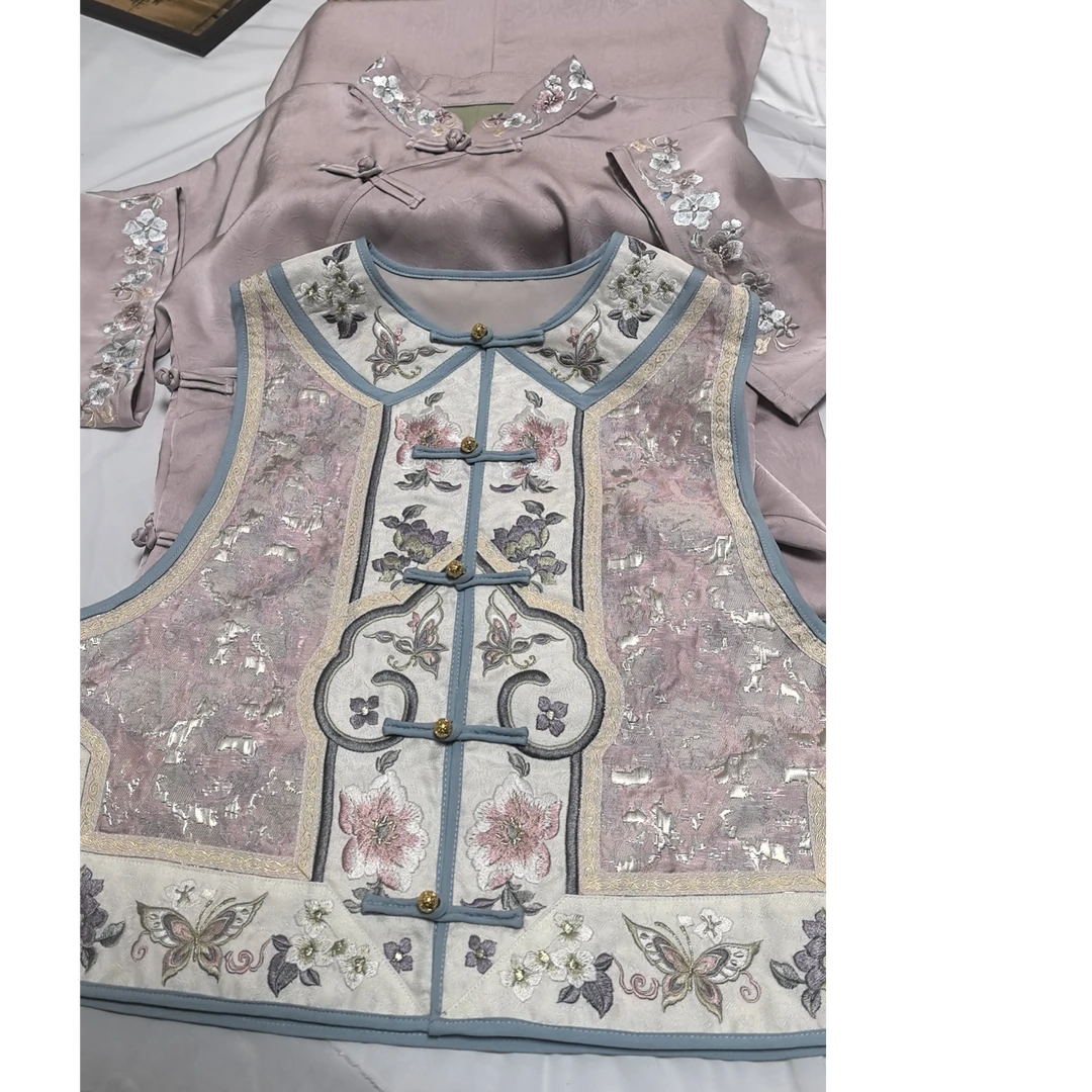 五五年原创汉服新款倒大袖旗袍全开襟旗袍马甲重工刺绣