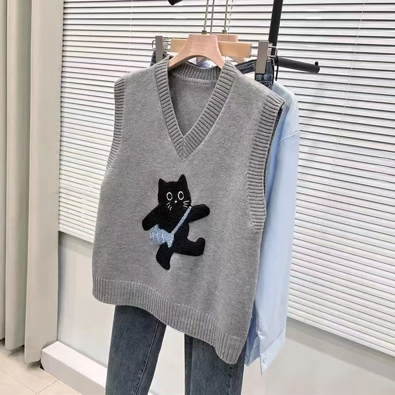 【女婿家】V领卡通毛巾绣小猫针织马甲背心毛衣女韩版针织衫上衣
