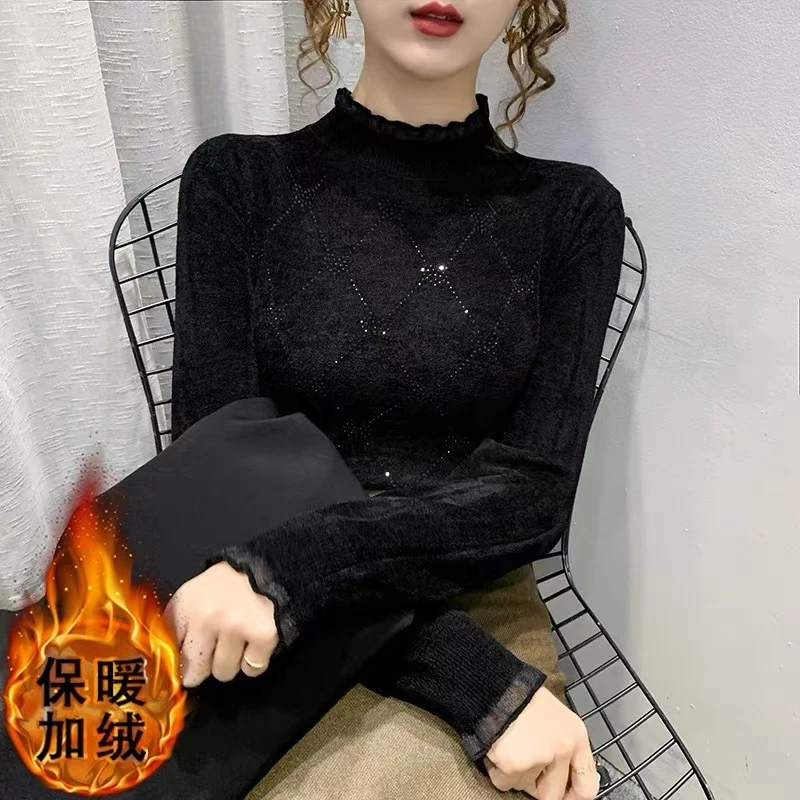 【女婿家】加绒加厚半高领天鹅绒黑色烫钻打底衫秋冬毛衣女士上衣