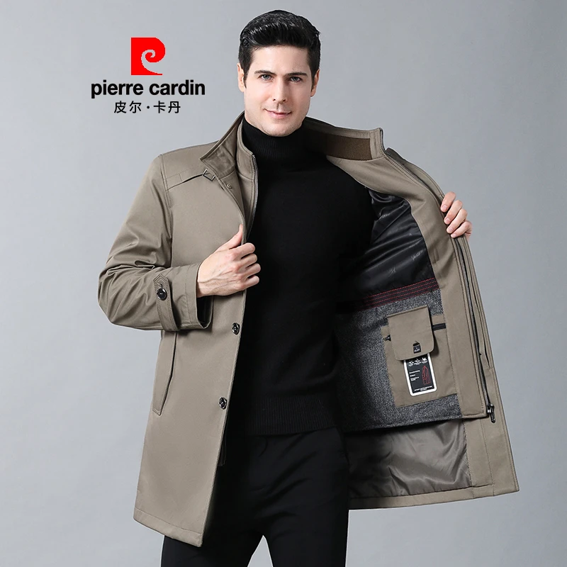 皮尔卡丹秋冬新款立领风衣男士中长款可拆卸羊毛内胆大衣休闲外套