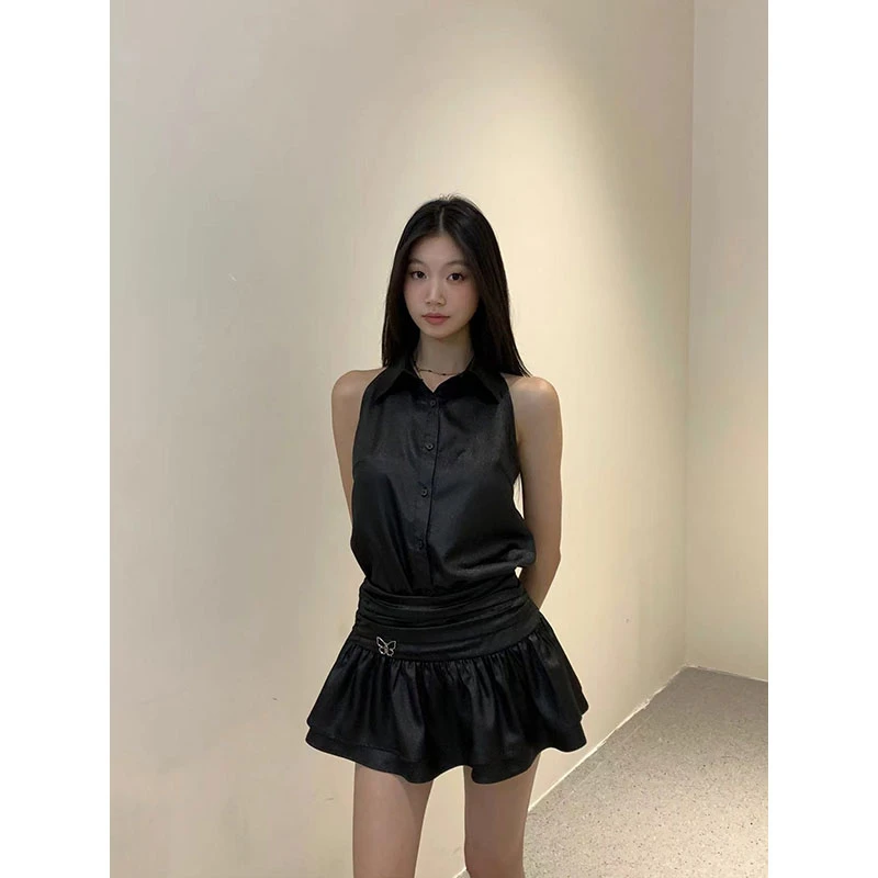 【现货】午夜童话 辣妹百搭气质清凉黑色褶皱短裙半身裙【2410855】