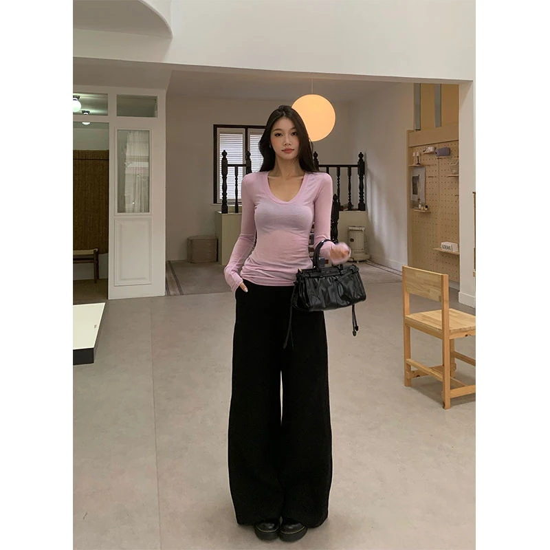 withmin秋冬神裤 美式复古垂感宽松毛呢阔腿喇叭休闲裤【2411995】