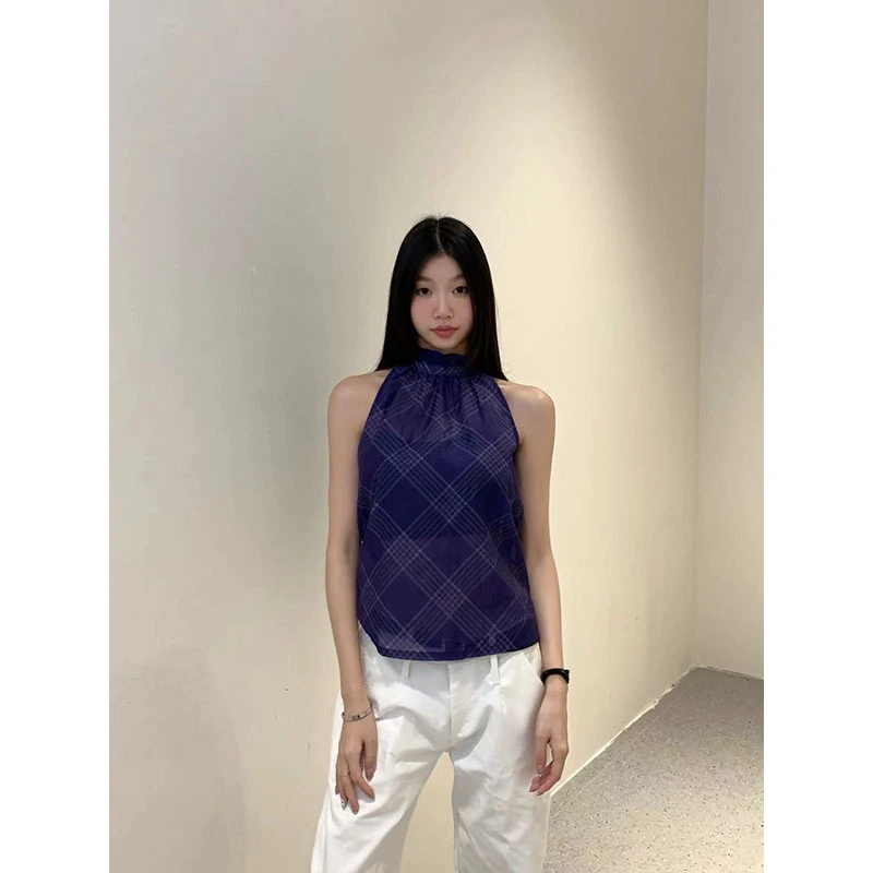 withmin紫薯椰椰 辣妹休闲百搭复古韩版菱格背心上衣【2411144】