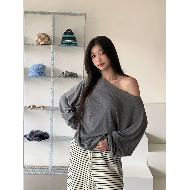 withmin街头艺术 显瘦休闲宽松百搭设计感斜肩卫衣上衣【2411328】