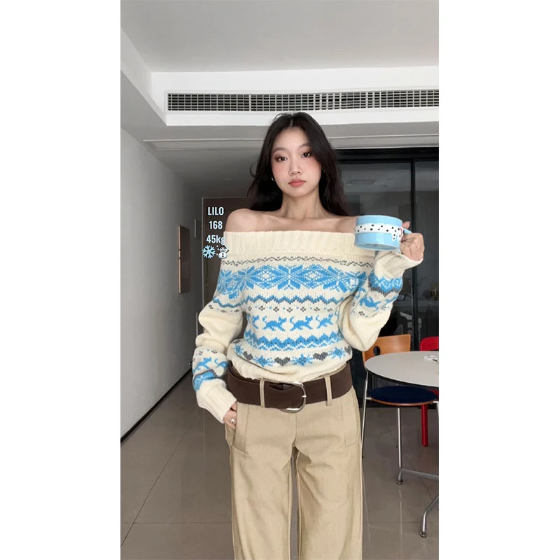 withmin圣诞费尔岛 复古一字肩短款毛衣秋冬宽松上衣【2412353】