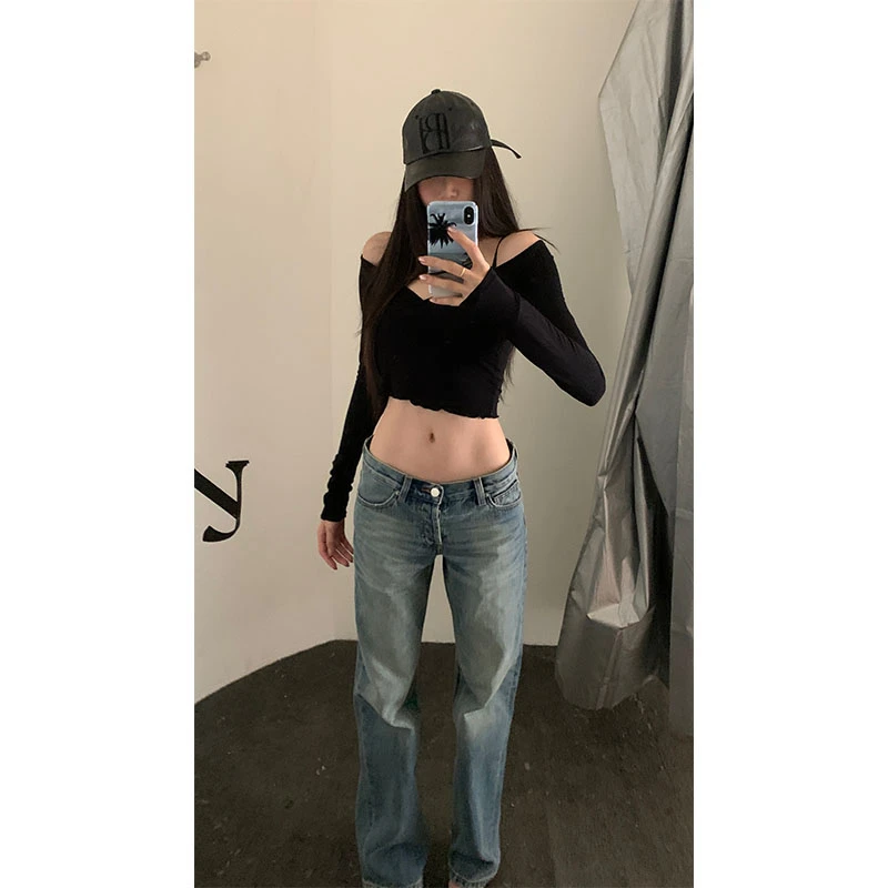 【现货】街拍博主 直筒牛仔裤女春季水洗做旧感阔腿长裤【2410112】