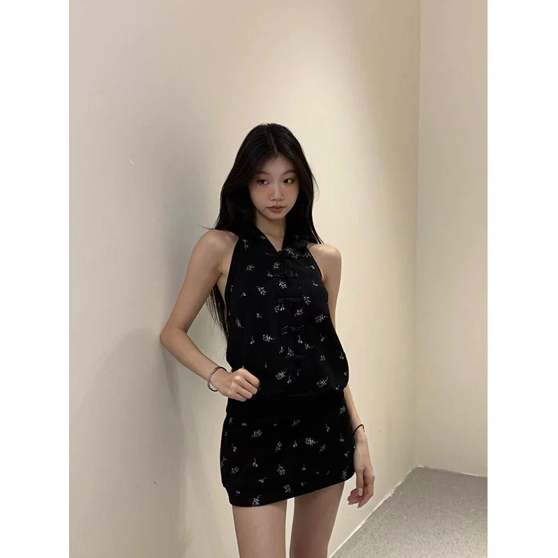 【现货】国风辣妹 新中式休闲黑色显瘦印花连帽背心上衣【2410717】