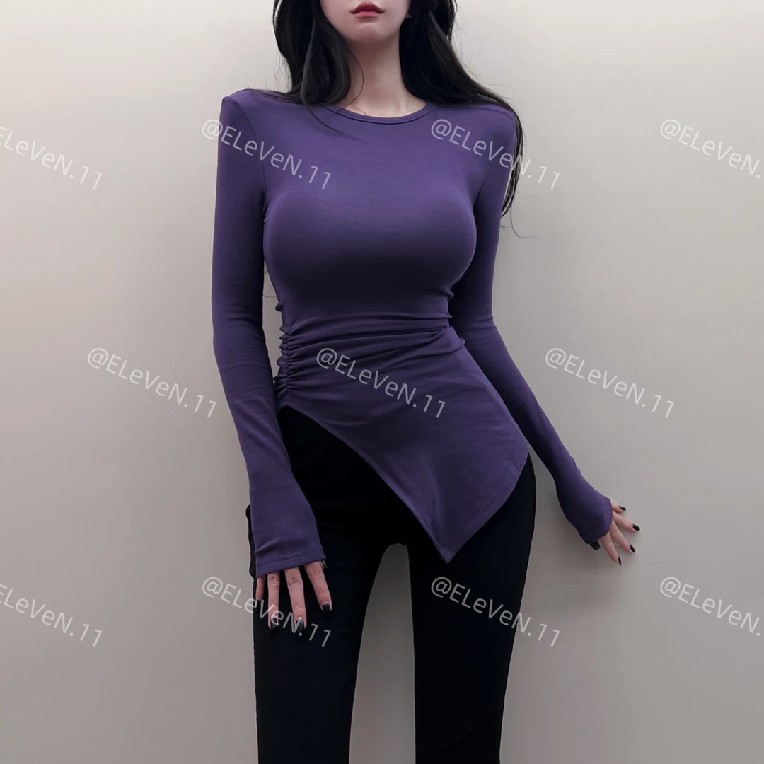 显身材～辣妹不规则垫肩上衣女修身开叉长袖T恤打底衫秋冬新款潮