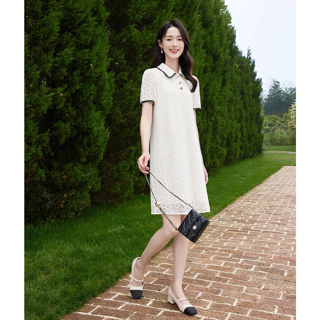OSA/欧莎 法式小香风翻领连衣裙女A字蕾丝花边中长款S124B13020
