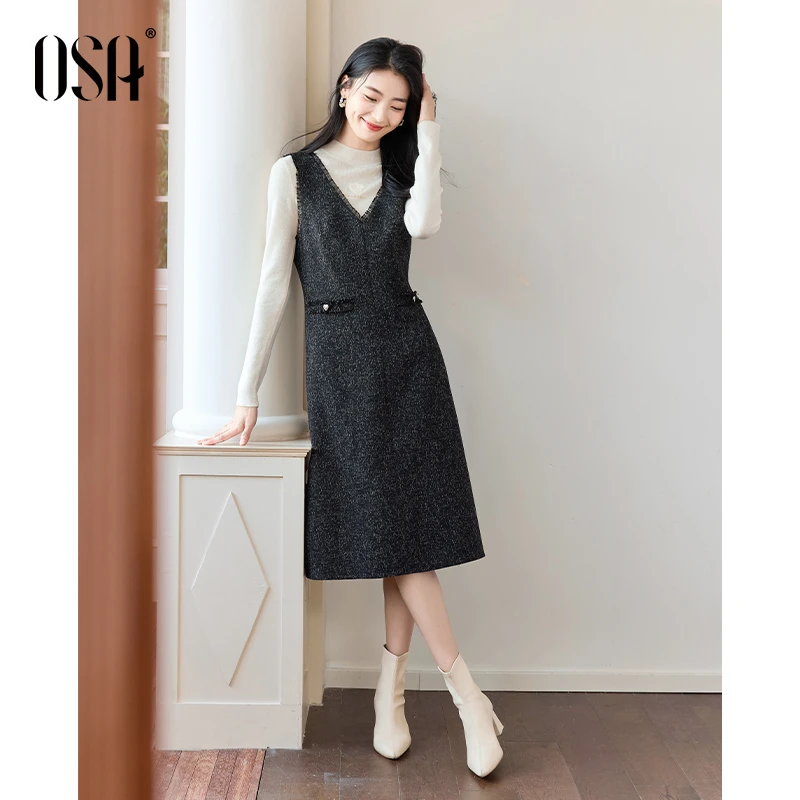 OSA/欧莎 V领背心流苏边连衣裙女富家千金感内搭裙子S124D13019