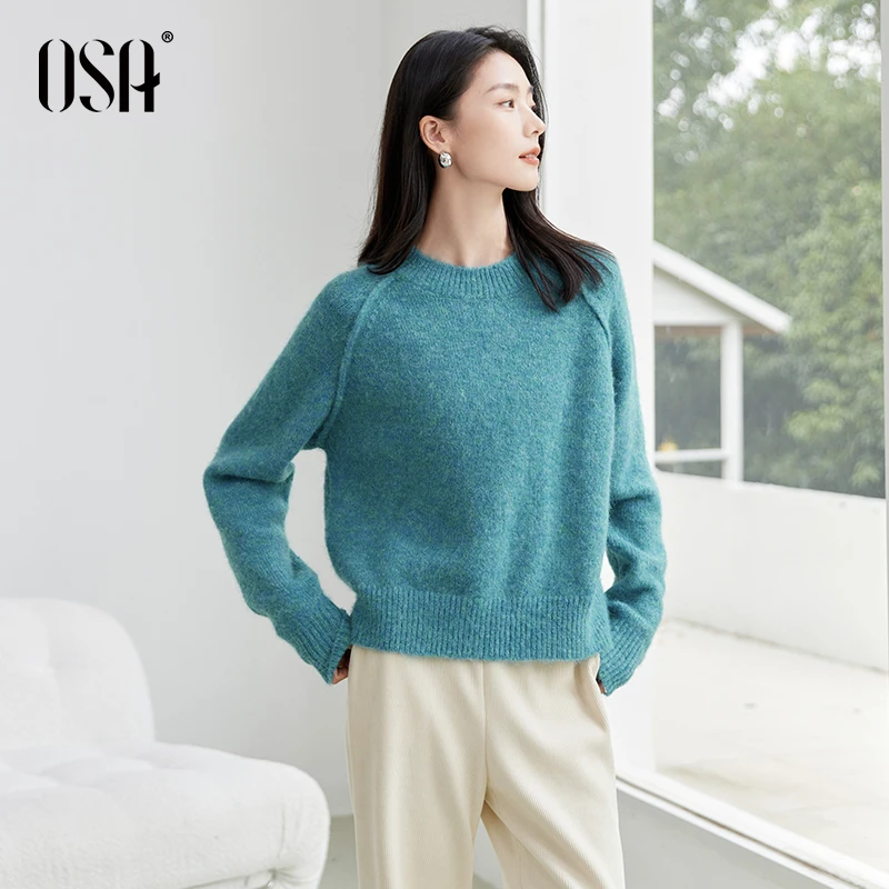 OSA/欧莎 】复古蓝落肩圆领毛衣女慵懒高级感显白上衣S124D16003