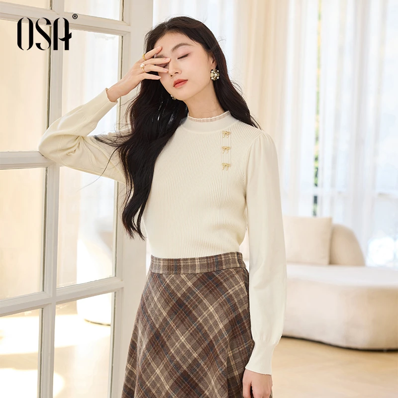 OSA/欧莎 复古通勤荷叶边打底针织衫毛衣女上衣秋冬S124D16034