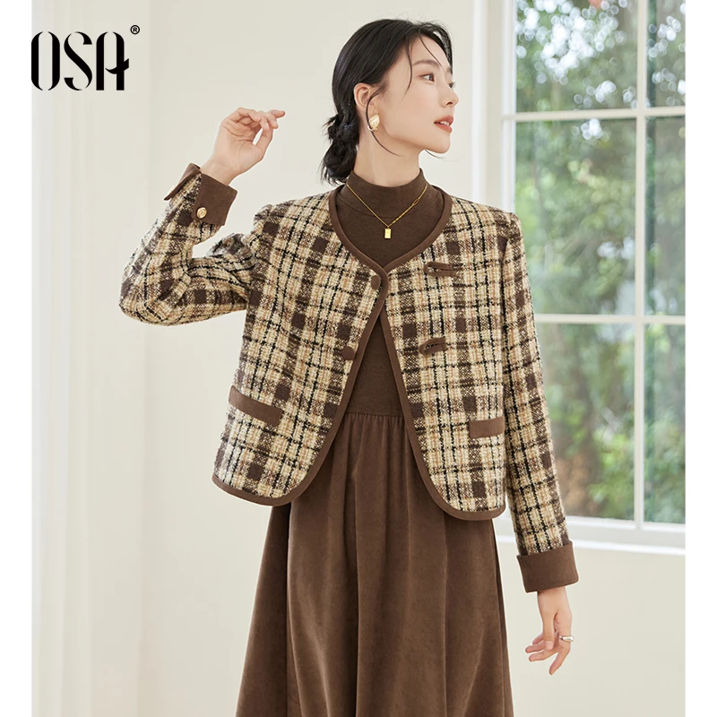 OSA/欧莎 咖色格子毛呢外套复古美拉德深小个子外套女S124D25002