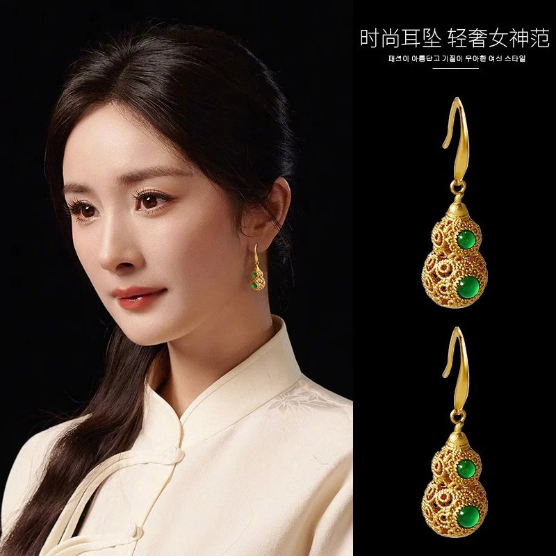 925银耳饰 杨幂同款国风耳环金色镂空葫芦耳饰新中式古风高级耳饰
