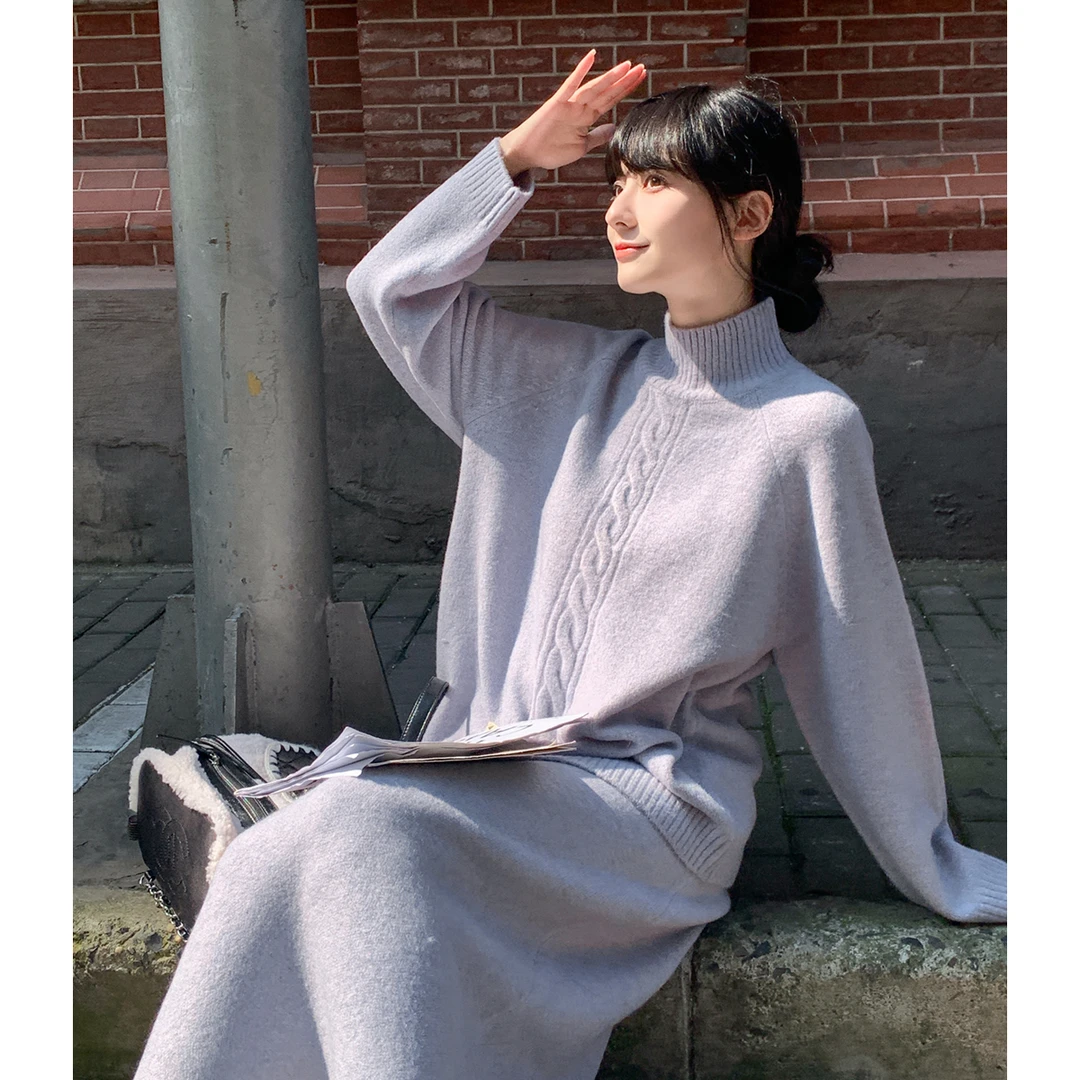 小镇姗姗 晚风落叶~慵懒风高领绞花针织毛衣温柔气质显瘦半裙套装