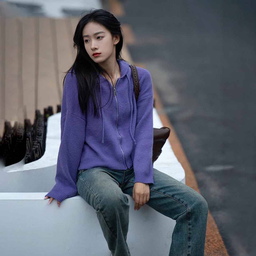 LOOMS/芋紫派对 针织开衫宽松连帽紫色毛衣外套秋季长袖拉链衫